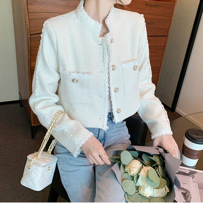 PENERAN 2022 Autumn New Women High Quality  Single-Breasted Tweed  Stand Collar Long Sleeve  Jacket