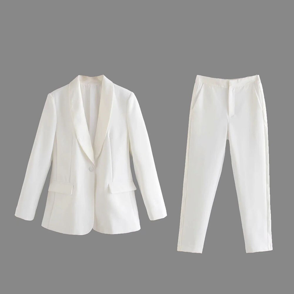 PENERAN 2022 Women Two-Piece Set Vintage White Office Lady Single Button Blazer Coat Female Fashion Slim High Waist Pants Suits