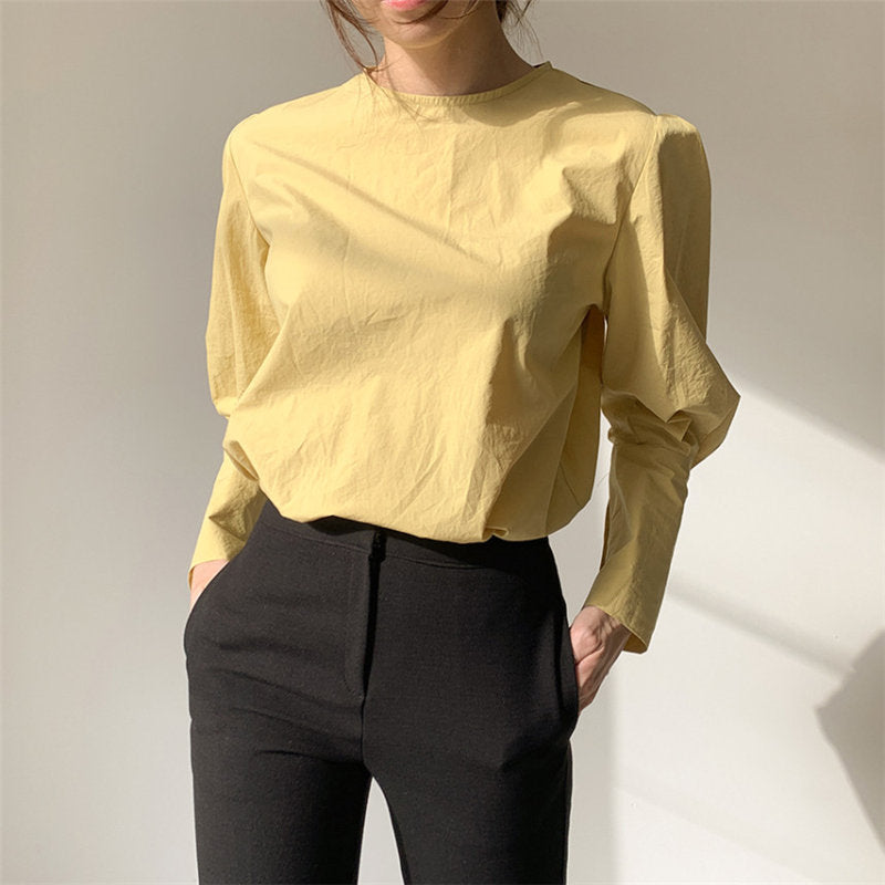 Christmas Gift Office Lady Women Chic Solid Spring Hot 2021 Puff Sleeves Brief All Match Elegant O-Neck Streetwear Large Size Shirts