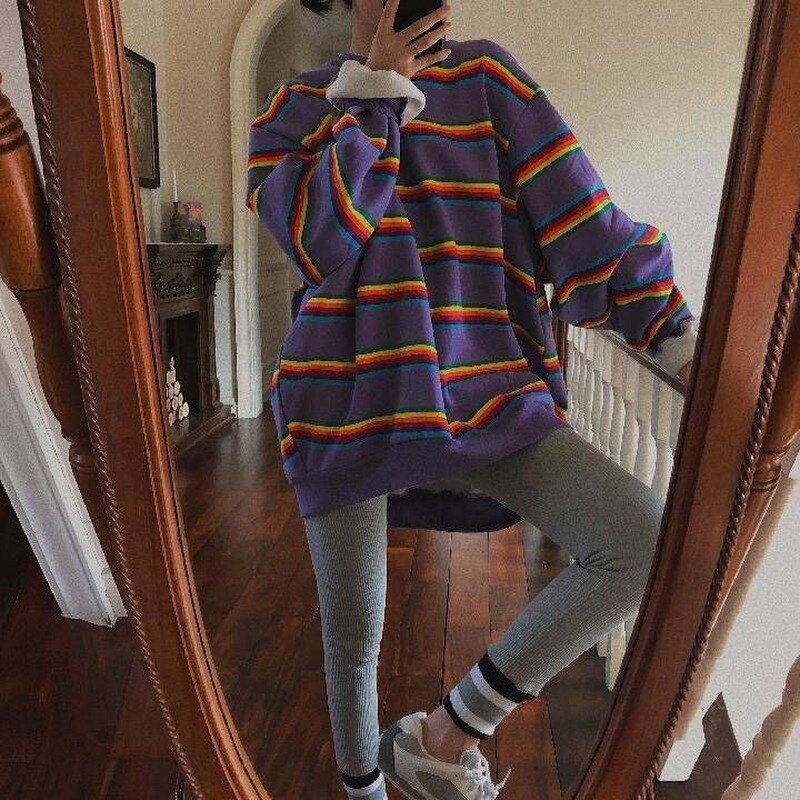 Peneran Oversize Korean Style Striped Hoodies Harajuku Streetwear Women Chic Daily Tops Student Loose Casual Purple Pullovers