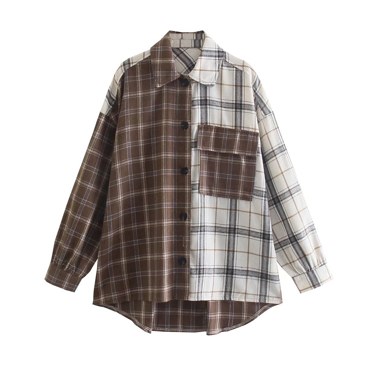 Christmas Gift Women Plaid Patchwork Sanding Shirt Casual Turn Down Collar Long Sleeve Pocket Single Breasted Loose Blouse Vintage Chic Top New