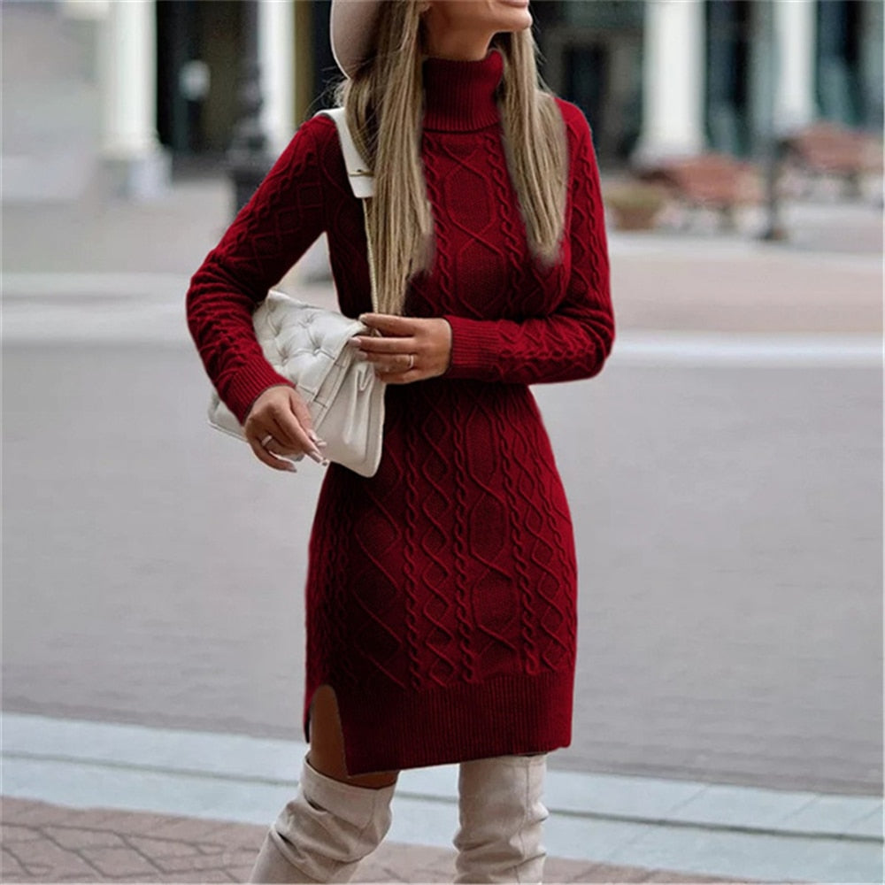 Christmas Gifts Fashion Knitted Sweater Dress Women Long Sleeve V Neck Solid Jumper Loose Knit Dresses Autumn Winter Female Sweaters Casual