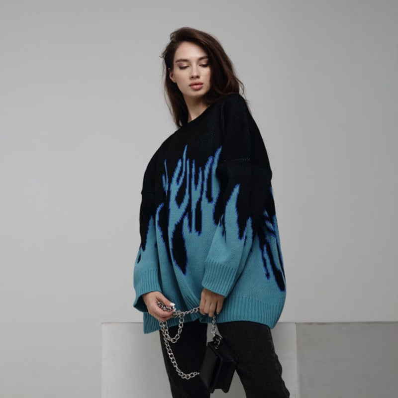 Christmas Gift Oversized Flame Pactwork Print Sweater Women Y2k Casual Color contrast O Neck Long Sleeve Loose Knitted Top Harajuku Streetwear