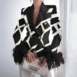 Graduation Gifts Elegant Turn-down Collar Lady Blazer Top Casual Long Sleeve Women Suit Coat Fashion Fuzzy Feather Double-Breasted Jacket Outwear