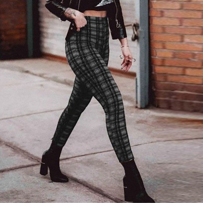 Thanksgiving Day Gifts Skinny Pencil Pants Spring Fall Women High Waist Leggings Elastic Fashion Casual Vintage Red Plaid Pants Female Fitness Trousers