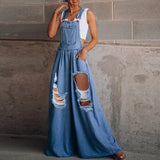 PENERAN Denim Jumpsuits Daily Casual Sleeveless Solid Overalls 2022 Fashion Design Ripped Jean Romper Summer New Women Loose Side Pocket