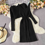 Women Simple Solid Striped Two Piece Set Top And Dress Female Autumn Winter Casual Warm Knitted O Neck Sweater Dress Suits