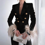 Graduation Gifts Elegant Turn-down Collar Lady Blazer Top Casual Long Sleeve Women Suit Coat Fashion Fuzzy Feather Double-Breasted Jacket Outwear