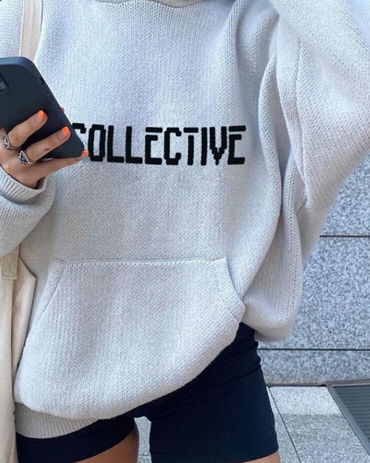 Christmas Gift  Fashion Solid Color Street Style Letter Print Pullover Sweater Knit Hooded Top For Casual Women’s Daily Outing Wear