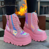 Peneran New Ladies Fashion Mixed Colors Patchwork Ankle Boots Platform High Heels Boots Women Party Street Wedges Shoes Woman