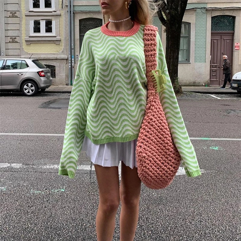 Knitted Pullover Sweater Women Casual O Neck Loose Sweater Winter Y2K Top Fashion Green Striped Sweaters Oversized Outwear
