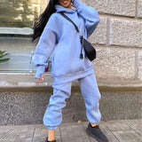 Christmas Gift Women Casual Fleece Two Piece Set Long Sleeve Hoodie Pullover Sweatshirt And Jogging Sweatpant Suit Loose Solid Female Tracksuit