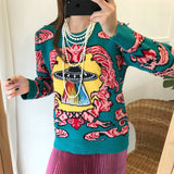 Harajuku Fashion Flying Saucer Embroidery Women Sweater Vintage Long Sleeve Chic Cartoon Pullover Knitted Sweater