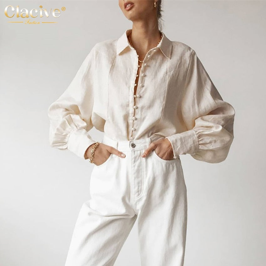 Christmas Gift  White Lapel Linen Blouses Casual Loose Long Sleeve Office Women Shirts 2021 Vintage Single-Breasted Fashion Blouse Shirt