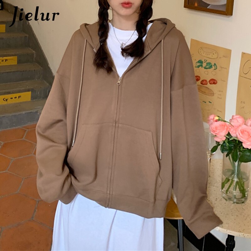 Peneran Black Hooded Zip Up Sweatshirts Women Fashion New Korean Style Long Sleeve Camel Hoodie Pocket Drawstring Sweatshirt M-XL