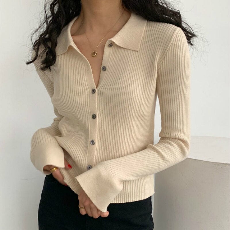 Christmas Gift Woman's Solid Color Knitted Jacket Thin Cropped Cardigan Full Sleeve Blouse Slim Button All-match Base Sweater Spring Autumn Top