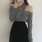 Peneran Winter Spring Women Sweater Knitted Cutout Sexy Off Shoulder Cross Korean Style Wild Warm Lady Tops SW0315