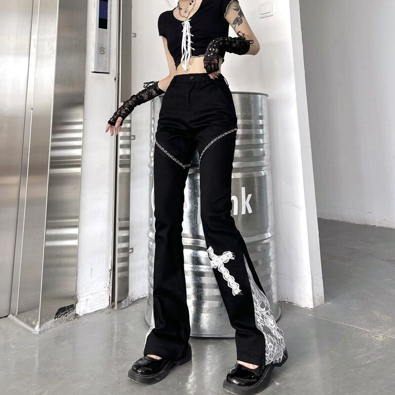 Gothic Dark Black Cross Lace Trousers Punk Rivets Lace Stitching Bell Bottoms Female Streetwear Y2k High-waisted Women Pants