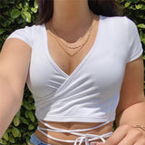 Peneran Summer Sexy Women Slim Crop Top Tees T Shirt Low Cut Short Sleeve Solid Female Teenage Girls Femmes T-Shirt Cross Wrap