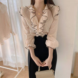 Peneran 2022 All Match Office Lady V-Neck Color-Hit Ruffles Basic Shirts Sweet High Quality Autumn Vintage Brief Blouses