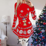 Christmas Gift Christmas Dresses for Women 2021 Elk Santa Print Long Sleeve Casual Mini Dress Slim Fit Pleated Dress Plus Size Vestidos