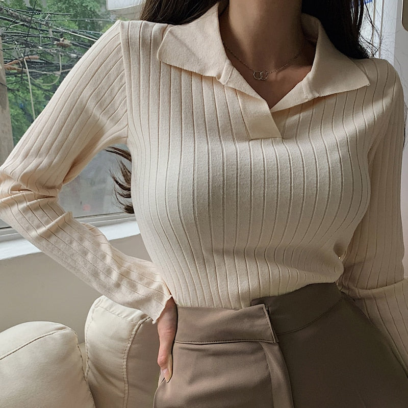 Korean Style Turn-Down Collar Women Sweater Female Long Sleeve Casual Pullovers Knitted Sweaters Clothes Sweter Mujer 2021 Fall
