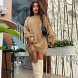 Christmas Gift  Knitted Long Sleeve O Neck Sweater Mini Dress 2021 Autumn Winter Fashion Casual Hole Sexy Party Club Women's Dresses