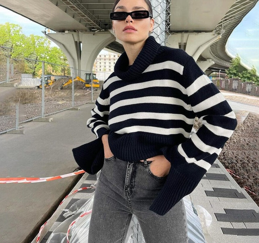 Christmas Gift  Fashion Striped Patchwork Turtleneck Warming Sweater For Women Autumn Casual Long Sleeve Side Slit Loose Lady Streetwear