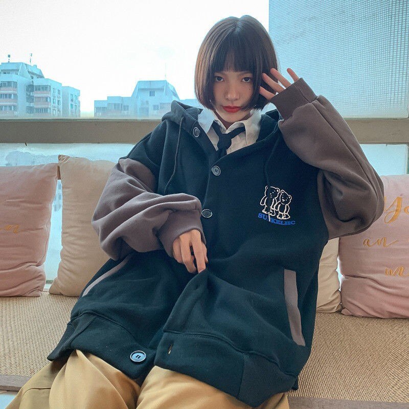 Harajuku Oversized Sweatshirt Streetwear Women Print Letter Zip Up Hoodies Student Plus Size Korean Outwear Chic Bear Loose Tops