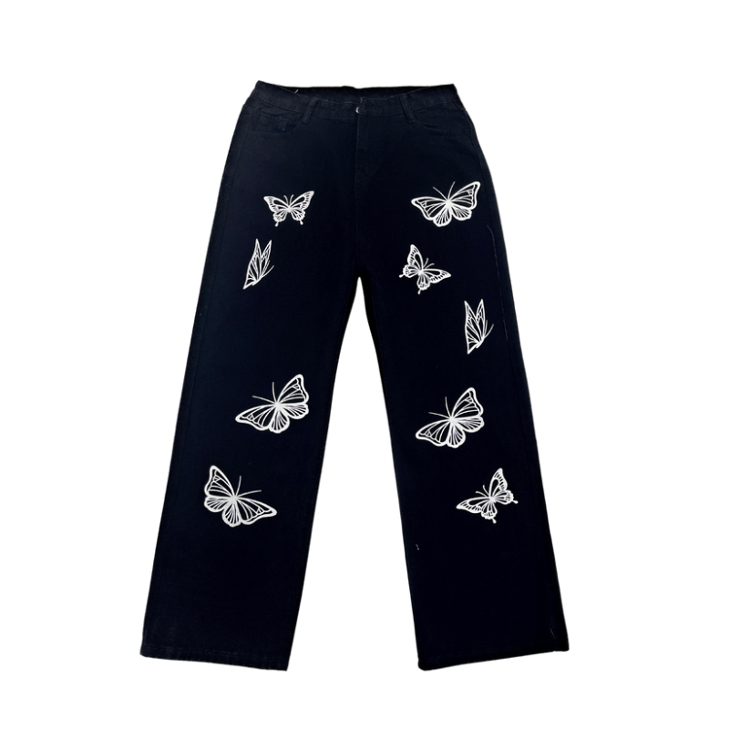 Black baggy jeans female butterfly print aesthetic denim pants fashion high waist straight long pants women streetwear 2022