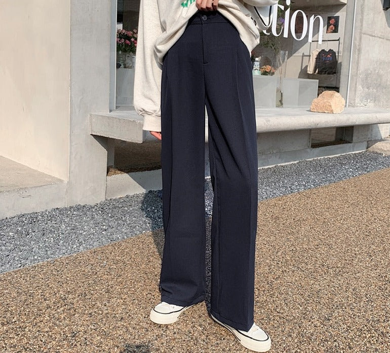 Peneran New Korean Style Zipper White Wide-Leg Pants Women Solid Color Suit Trousers Female Autumn Gray High-Waist Straight Pants