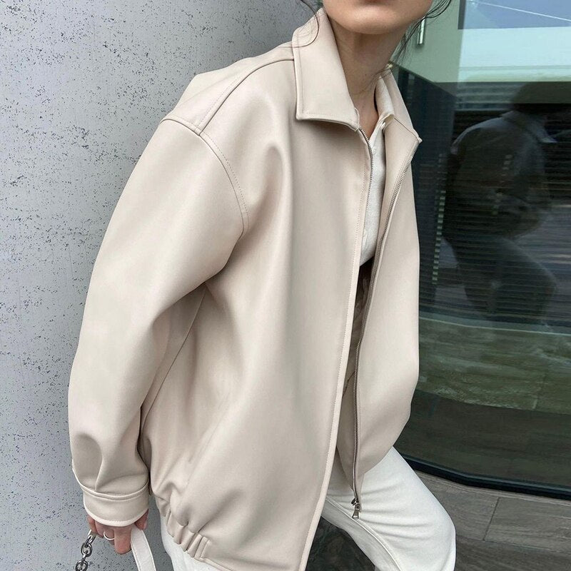 Streetwear Solid Faux Leather Jackets Vintage Zip Up Loose Casual Korean Coats Autumn Fashion Cute PU Outfits 90s Cuteandpsycho