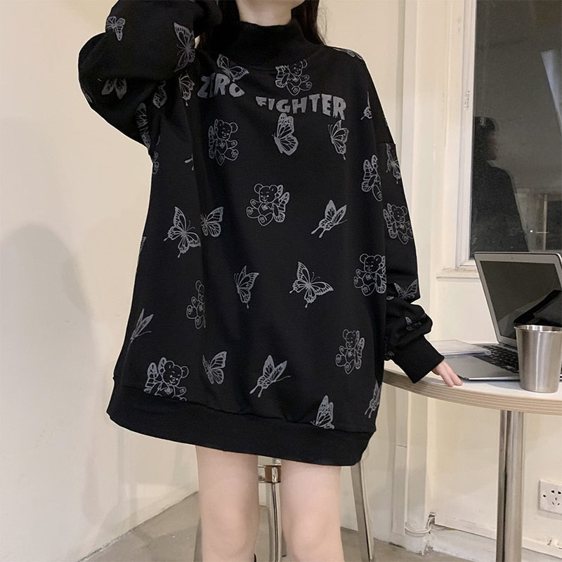 Gothic Sweatshirt Women Butterfly Bear Full Print 2021 Summer Fashion Master Tops Street Dark Style Harajuku Crew Neck Pullover