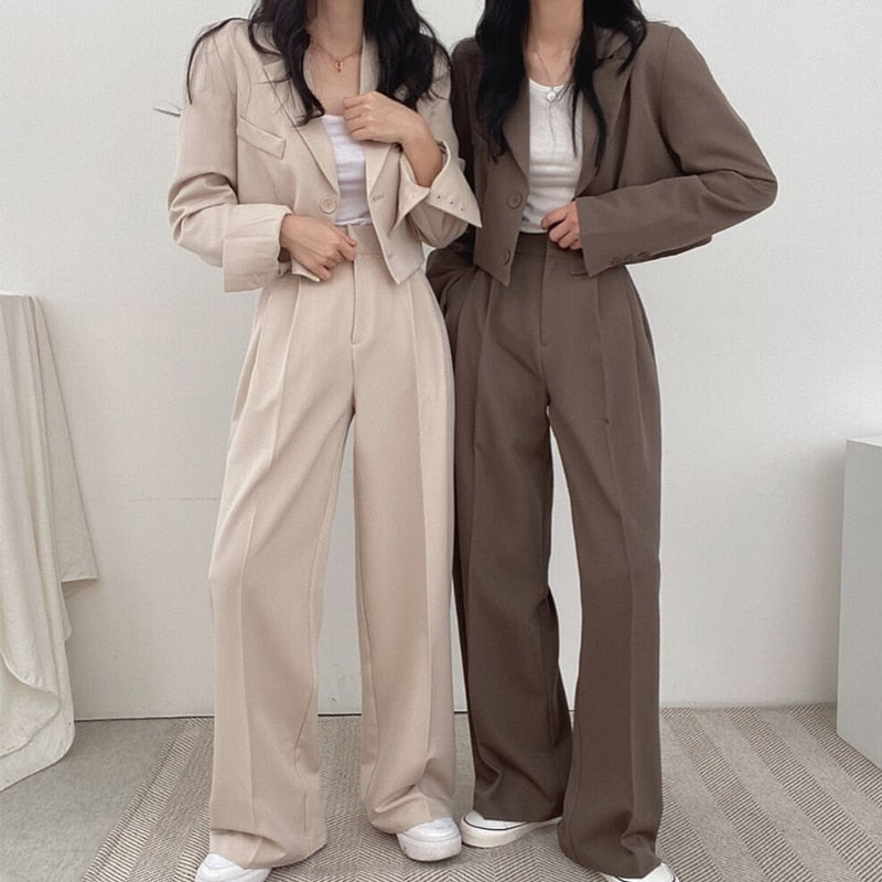 PENERAN Korean Style Office Lady Blazer Sets Autumn Loose 2 Two Piece Set Women Long Sleeve Short Suit Coat + Straight Suit Pants Suits