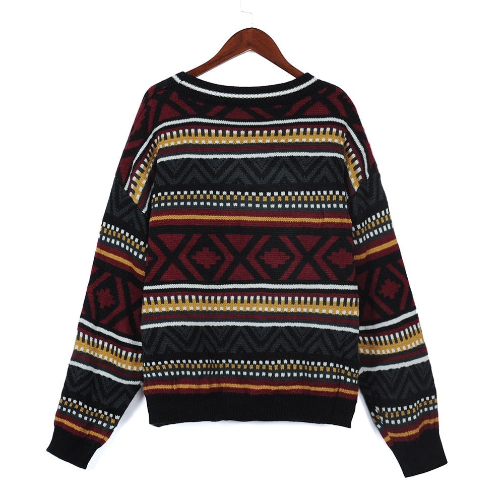 Peneran 2023 Autumn Winter Vintage Women Sweater Fashion O-Neck National Jacquard Woolen Sweater Color Striped Top Long Sleeve Clothing