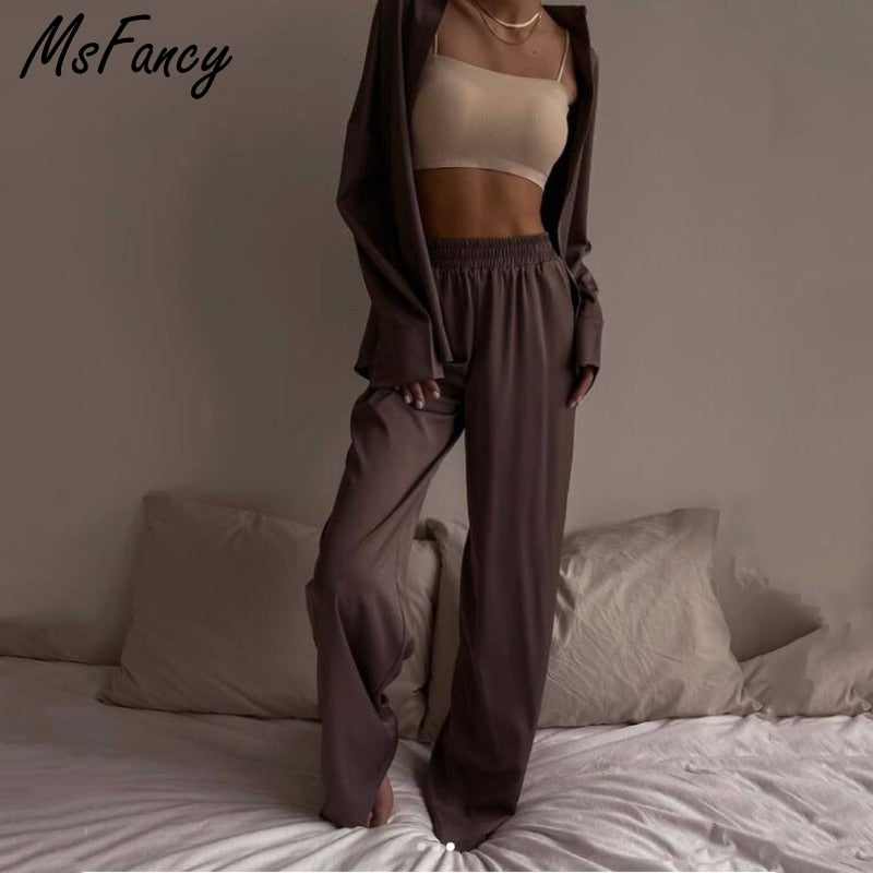 Christmas Gift  Summer Pant Sets Women Long Sleeve Shirt Elastic Wait Wide Leg Trousers 2 Pieces Sets 2021 Female Casual Outfit