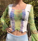Peneran Back To School Graphic Print Green Mesh Sheer T-Shirt Long Flare Sleeve Slim Crop Tops Sexy See Trough Women Tops Y2K Vintage Grunge