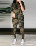 PENERAN Women Fashion Elegant Casual Round Neck Camouflage Half Sleeve T-Shirt & long Pants High Waist Set