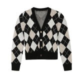 Christmas Gift Autumn Winter Plaid Knitted Cardigan Women Loose V-Neck Sweater Coat Female Jumpers Cardigan Jacket Short