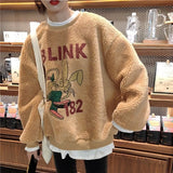 Winter Thickened Round Neck Women'S Sweatshirt Korean Loose Pullover Cute Cartoon Rabbit Letter Pattern Lamb Wool Coat Women