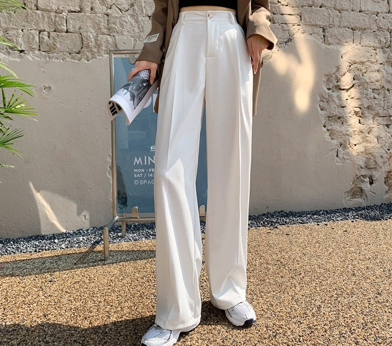 Peneran New Korean Style Zipper White Wide-Leg Pants Women Solid Color Suit Trousers Female Autumn Gray High-Waist Straight Pants