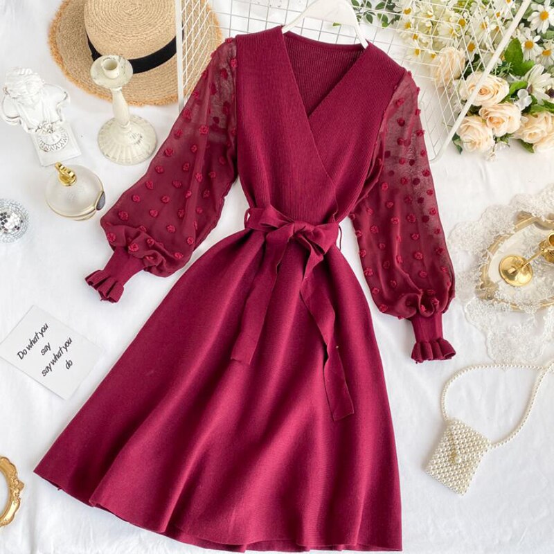 Romantic Women Knitted Pink Party Dress 2021 Fall Winter V Neck Elegant Chiffon Long Sleeve Sashes Dress Ladies Dress