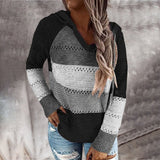 PENERAN Back To School Autumn Women Patchwork Hooded Sweater Long Sleeve V-Neck Knitted Sweater Casual Striped Pullover Jumpers 2022 New Female Hoodies