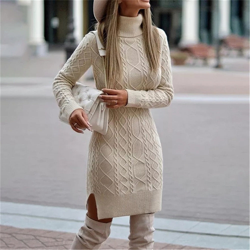 Christmas Gifts Fashion Knitted Sweater Dress Women Long Sleeve V Neck Solid Jumper Loose Knit Dresses Autumn Winter Female Sweaters Casual