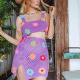 Christmas Gift Knitted Women's Crochet Cut Out Sexy Suits 2022 Summer Print Sleeveless Lace Up Ladies Sweet Sets Crop Tops Skirts 2 Pieces Set