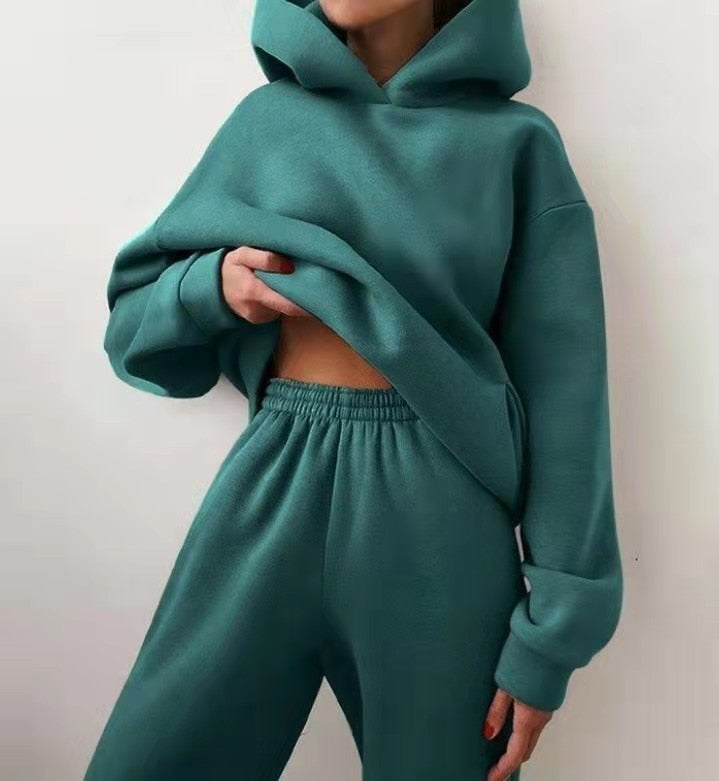 Christmas Gift Women's Tracksuit Casual Solid Long Sleeve Sport Suits Autumn Warm Hoodie Hooded Sweatshirts And Long Pant Fleece Two Piece Sets
