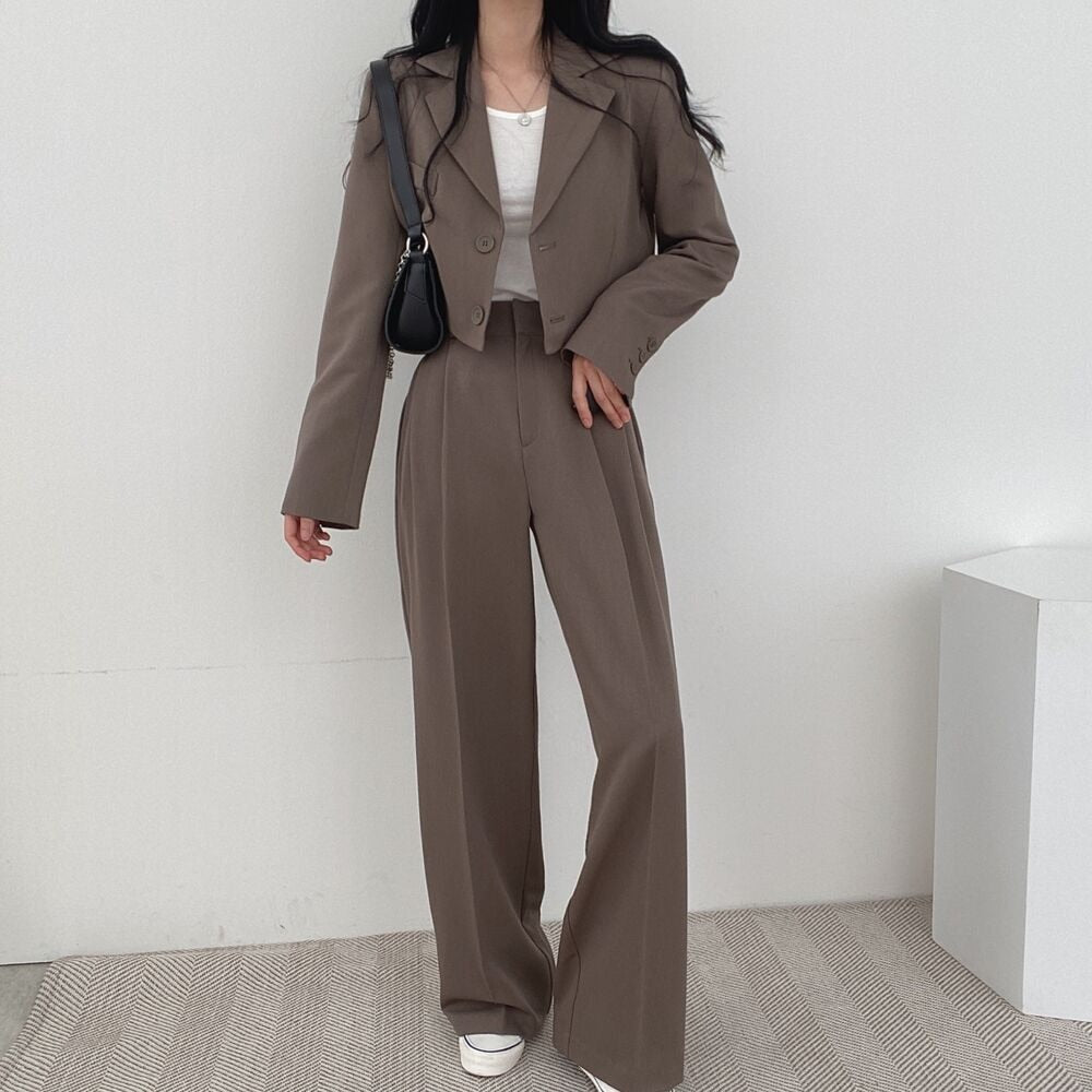 PENERAN Korean Style Office Lady Blazer Sets Autumn Loose 2 Two Piece Set Women Long Sleeve Short Suit Coat + Straight Suit Pants Suits