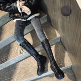 Thigh High Boots Flat Shoes Boots Women Gothic Black White Leather Boots Winter Shoes Sexy Lady Botas Lace Up Zapatos