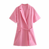 PENERAN Women Solid Pink Short Sleeve Bandage Turn-Down Collar Mini Slim Dress Female Streetwear Dresses Ladies Office Lady Dress