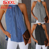 Back to School Fashion Women Summer Solid Color Denim T-Shirts Bandage Design Halter Sleeveless Backless Casual Loose Ploovers Top